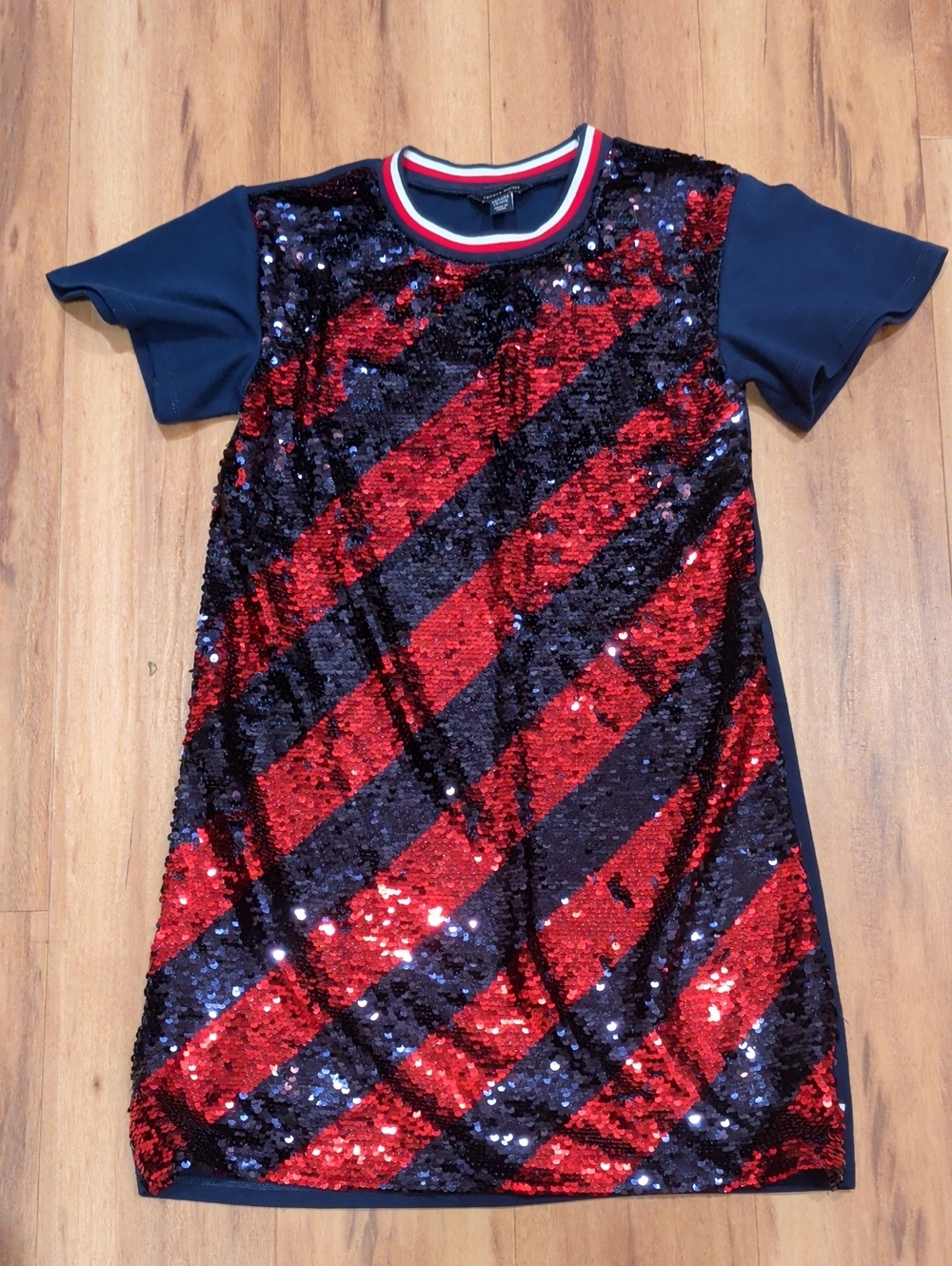 Tommy Hilfiger Girls Diagonal Navy Blue & Red Sequin Party Dress Size 8/10